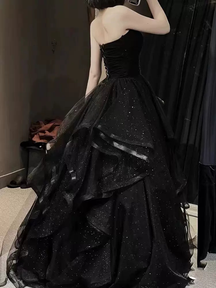 Black Ball Gown Prom Dress Lace-up Back Sweep Train Evening Gowns