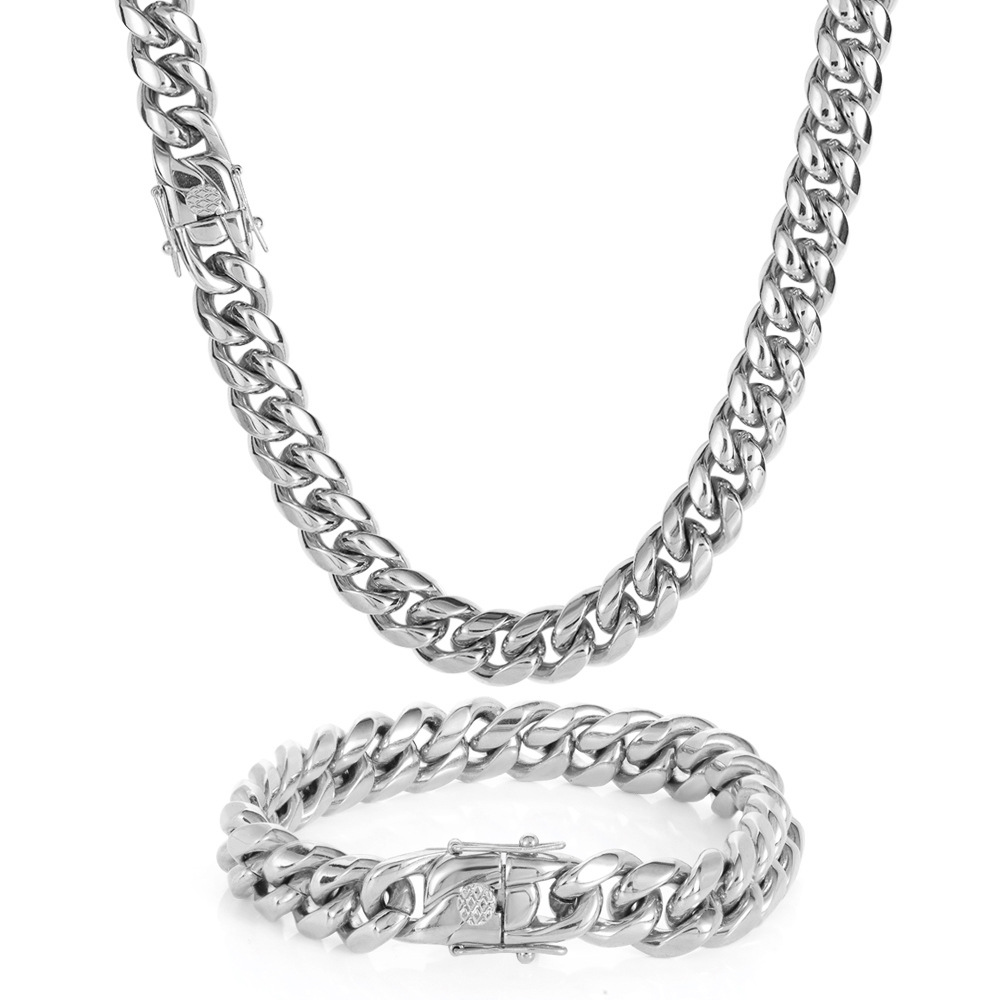Cuban Link Chain Necklace Bracelet Jewelry 18K Real Gold Plated Stainless Steel Miami Necklace with Design Spring Buckle