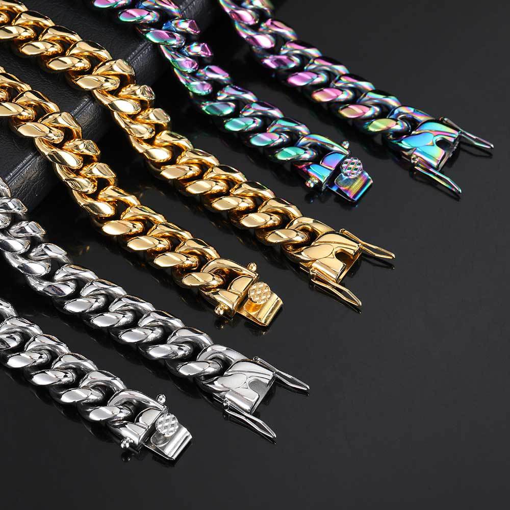 Cuban Link Chain Necklace Bracelet Jewelry 18K Real Gold Plated Stainless Steel Miami Necklace with Design Spring Buckle