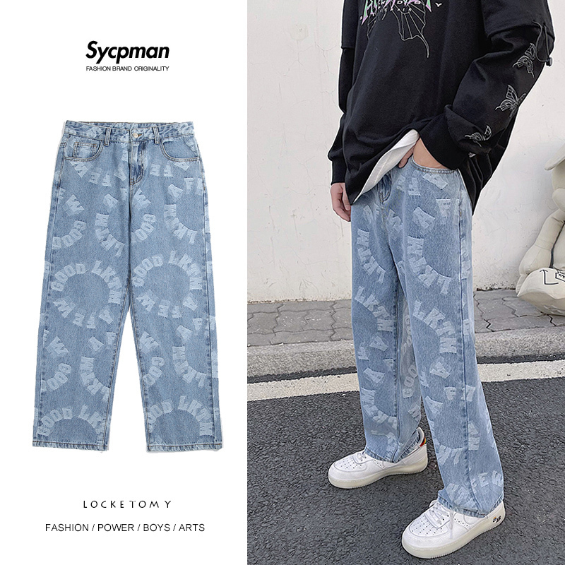 Men's Jeans Jacquard Blue Mens Loose Straight Leg Long Pants Streetwear Baggy Denim Clothing Graphic 221124