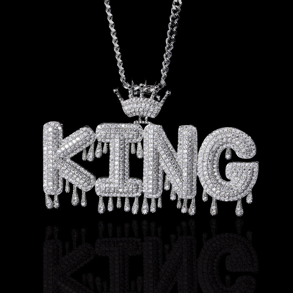 Hip Hop A-Z Custom Letter Pendant Necklace Waterdrop Leters with Crown Clasp 18K Real Gold Plated Jewelry