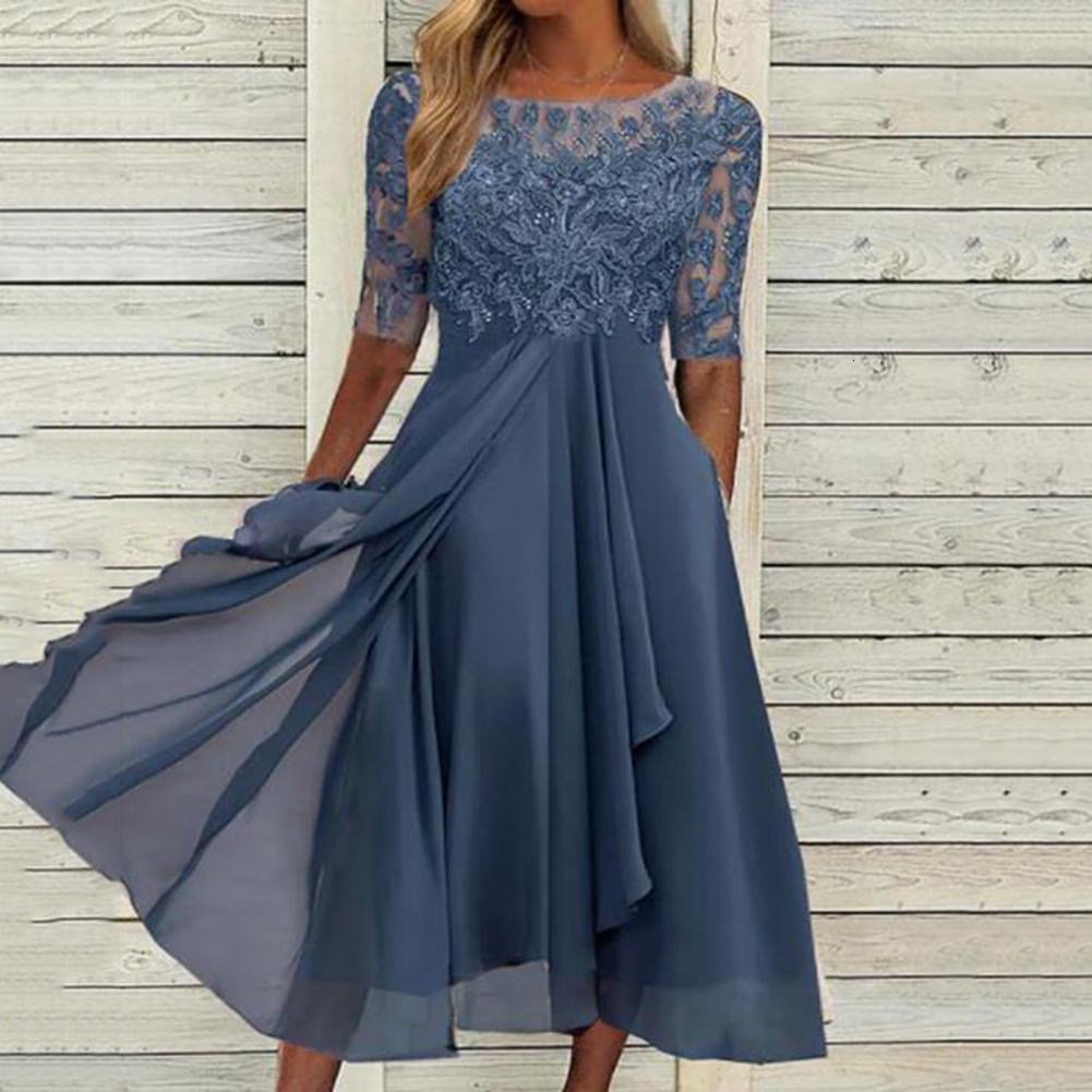 Casual Dresses Bridesmaid Dress Hidden Zipper Midcalf Length Breathable Elegant Crochet Lace Chiffon Patchwork Guest Midi Dress 221126