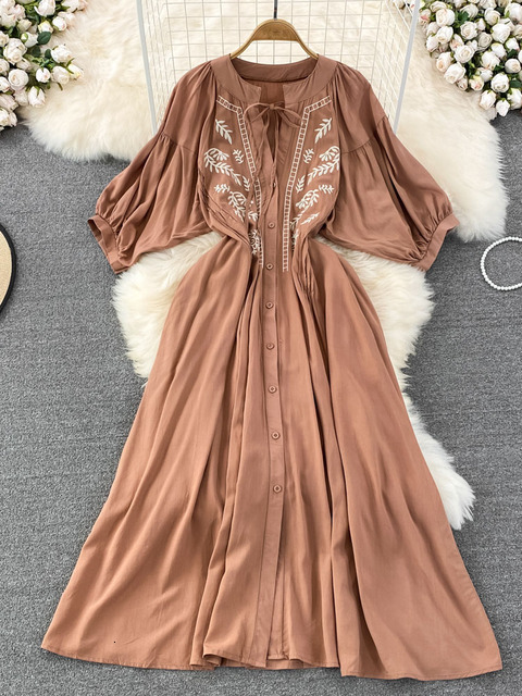 Casual Dresses Summer Retro Temperament Embroidered Vneck Singlebreasted Loose Dress Female Elegant Large Swing Vestidos Women D1575 221126