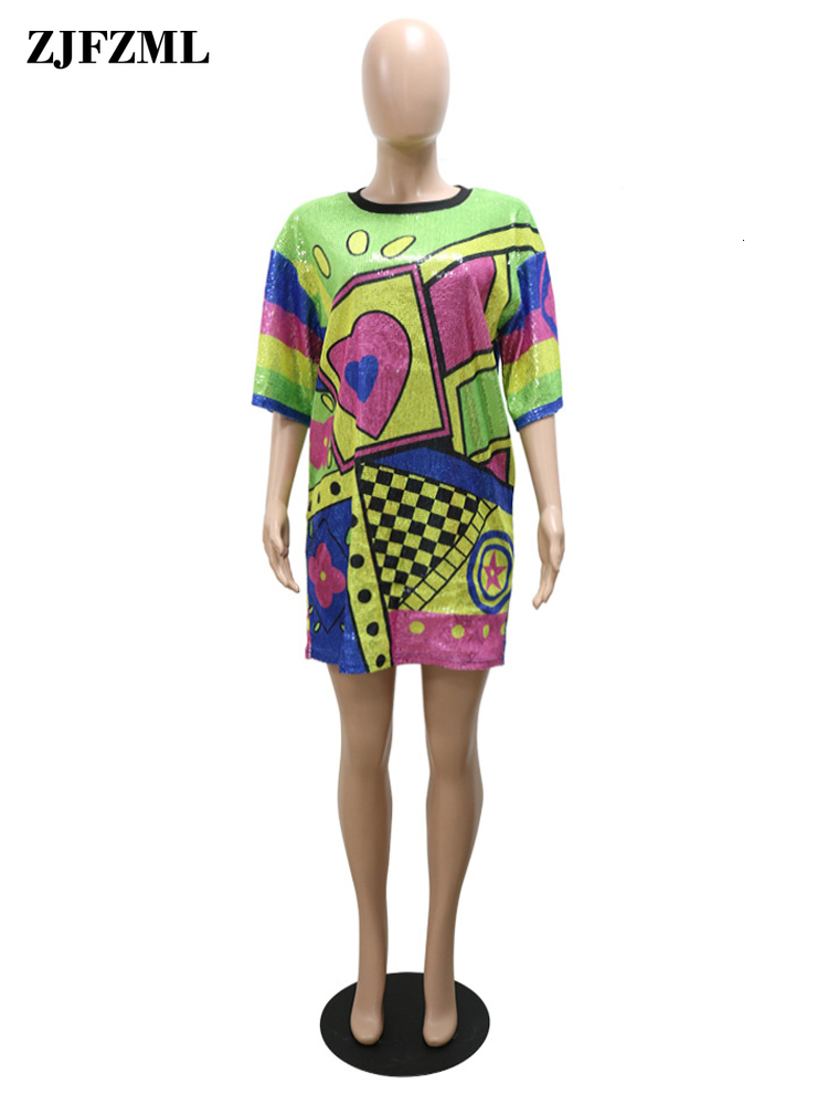 Casual Dresses Geometric Bling Shiny Sequin Women Tshirt Mini Dresses Round Neck Half Sleeve Bodycon Sexy Party Club Elegant Prom Y2K Clothess 221126