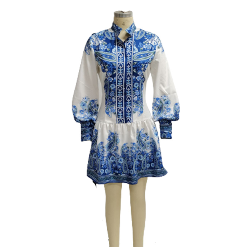 Casual Dresses Summer Women Casual Beach Wear Elegant Turndown Collar Blue Dress Paisley Print Buttoned Long Sleeve Mini Shirt Dress 221126