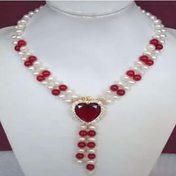 charming 2Rows Freshwater White 7-8MM Pearl Red jade Jewelry Necklace