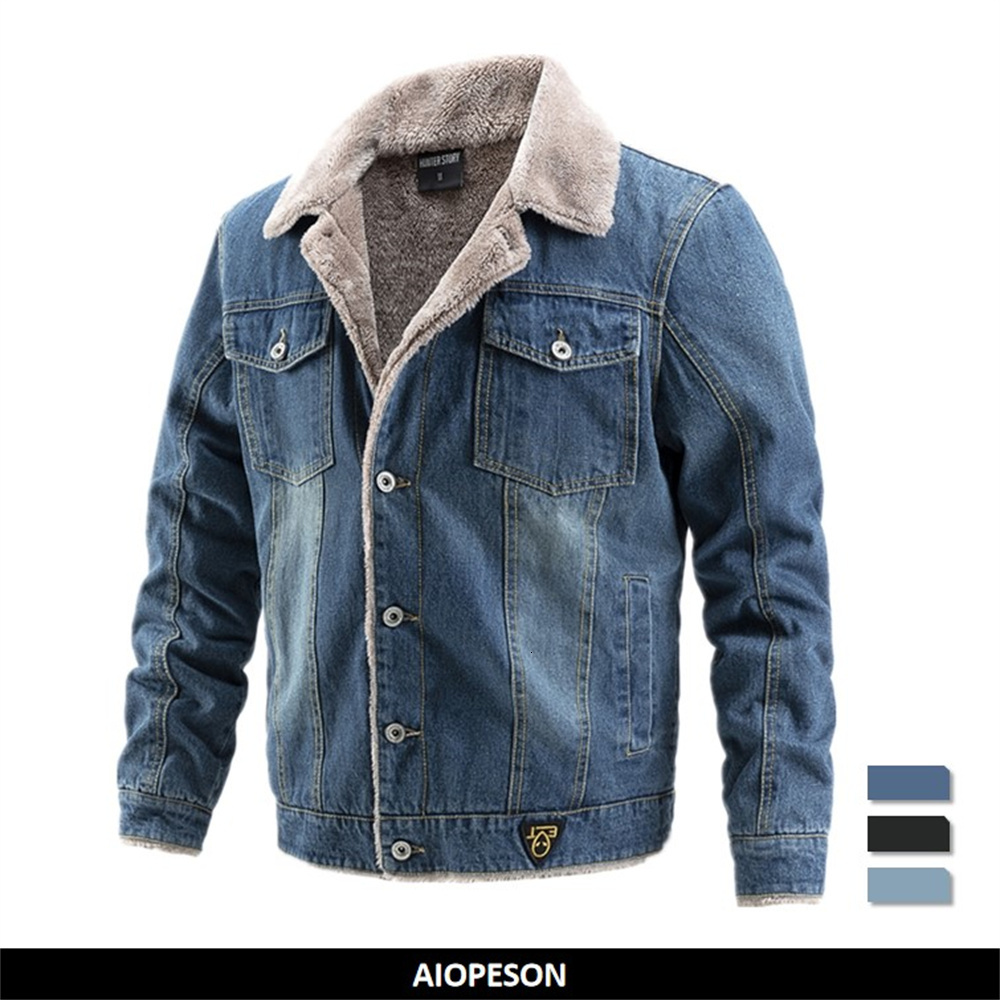 Men's Jackets AIOPESON Plus Velvet Thick Denim Casual Lapel Cotton Jeans Fur Collar Warm Winter s And Coats 221124