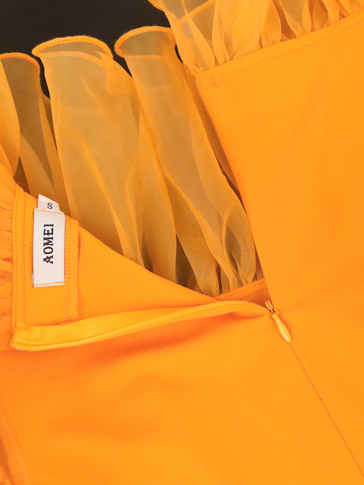 Party Dresses Women Birthday Orange Puff Ruffles Smocked Tulle Neck Midi Dress African Ladies Elegant Date Out Event Clothes 221128