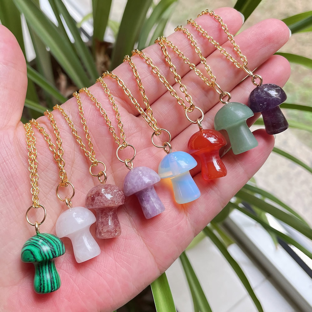 Natural Stone Carving Mushroom Shape Pendant Reiki Healing Crystal Aventurine Rose Quartz Amethyst Agate opal Necklace For Women Jewelry