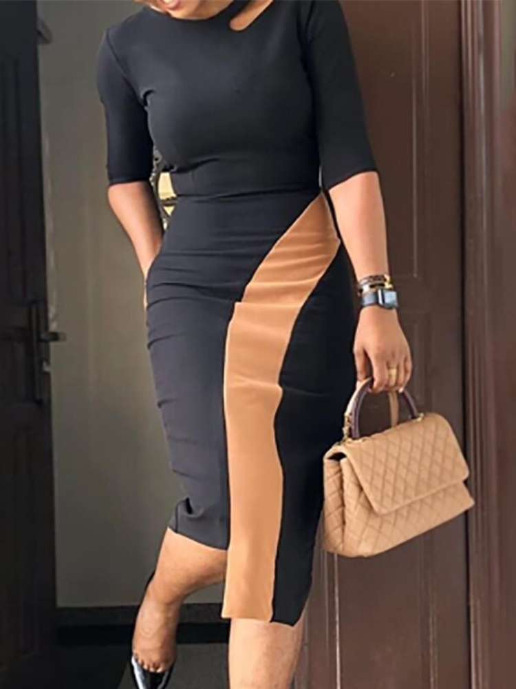 Party Dresses Elegant Women Summer Dress Contrast Irregular Hollow Out Collar Half Sleeve Slim Fit Knee Office Lady Vintage Fashion 221128