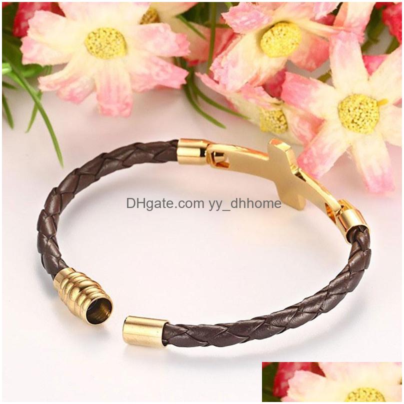 Charm Bracelets Goldcolor Stainless Steel Cross Bracelets Bangles For Men Pu Leather Hand Chain Drop Delivery Jewelry Dhm7B
Charm Bracelets Goldcolor Stainless Steel Cross Bracelets Bangles For Men Pu Leather Hand Chain Drop Delivery Jewelry Dhm7B