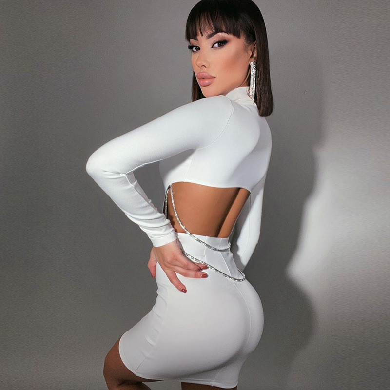 Casual Dresses Fashion Solid Chain Sexy Backless Cut Out Bodycon Dress for Women Clothes Club Party Elegant Long Sleeve Mini Dress Vestido Chic 221126