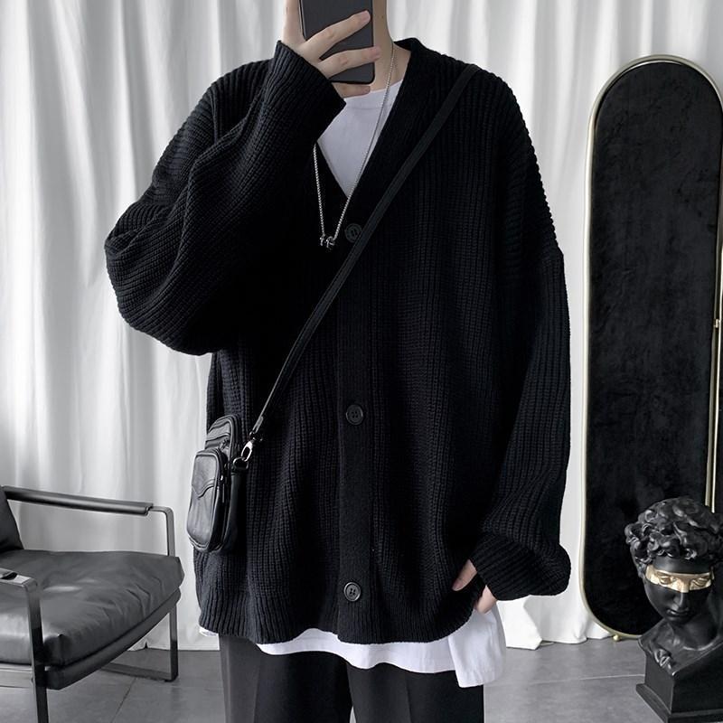 Men's Sweaters Autumn Japanese Harajuku Loose Oversize Cardigan Sweater Male Korean Fashion Casual Solid Color Men's Knit Winter Coats 22112