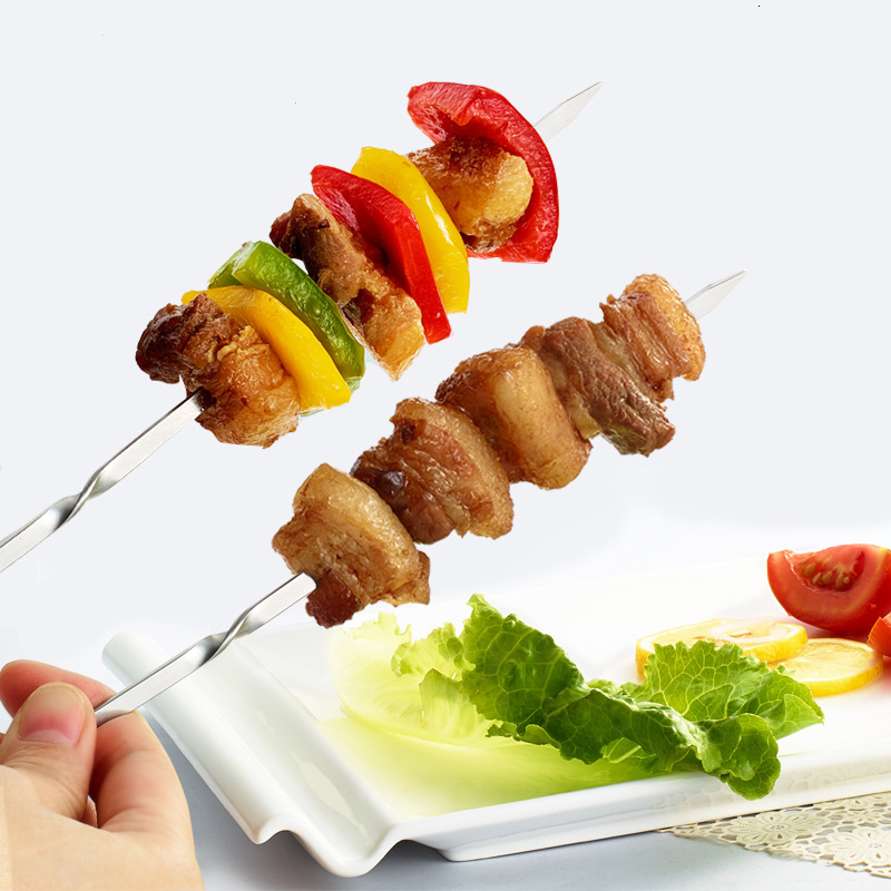 BBQ Tools Accessories 100/50pc Stainless Steel Skewer Flat Barbecue Needle Stick Garden Outdoor Camping bbq Grill Gadgets 221128