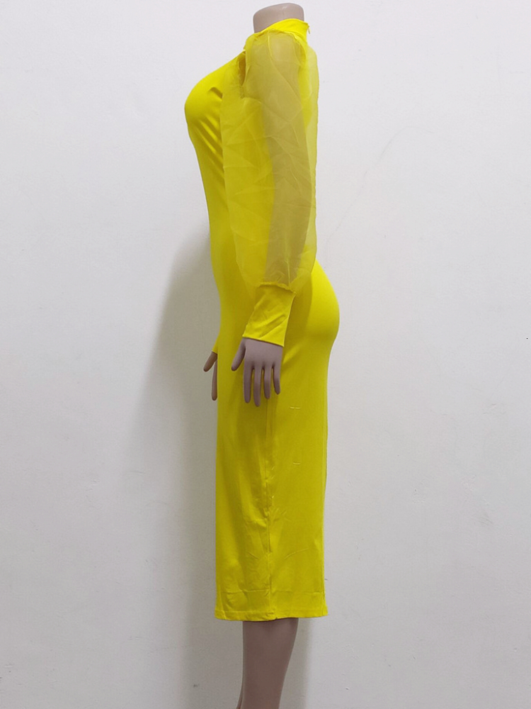 Party Dresses Elegant Women Yellow Bodycon Dress Long See Through Sleeve Tulle Stitching High Neck Slim Fit Large Size Clothes 221128
