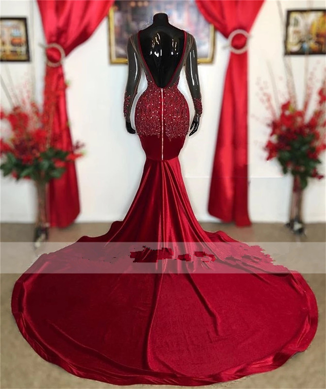 Red Beaded Appliques Velvet Prom Dresses Illusion Long Sleeve backless aso ebi fishtail Evening Dress Mermaid Black Girl