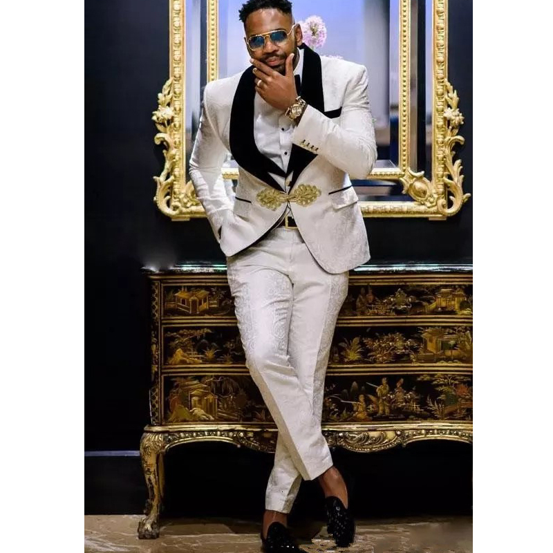 Men's Suits Blazers Floral Pattern Groom Tuxedo for Wedding Dinner Slim Fit Men with Black Velvet Lapel 3 Pieces African Fashion Costume 221128