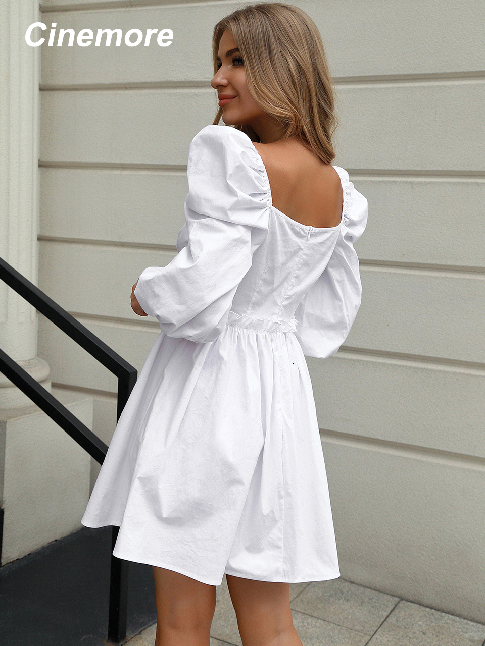 Casual Dresses Cinemore Sexy Dresses for Women Plunging Neck Lantern Sleeve Frill Solid Color Cute Dress Women Evening Dress MM1237HT 221125