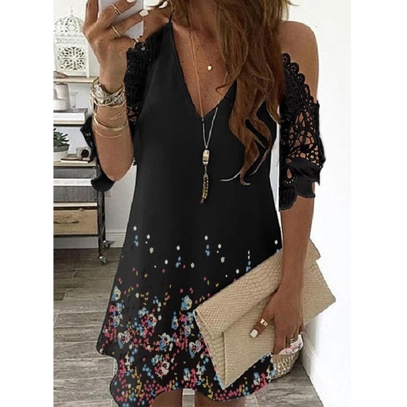 Casual Dresses Sexy Off Shoulder Dress Women Vintage Floral Print Half Sleeves Midi Dresses Casual Sling V Neck Lace Boho Beach Party Dresses 221126