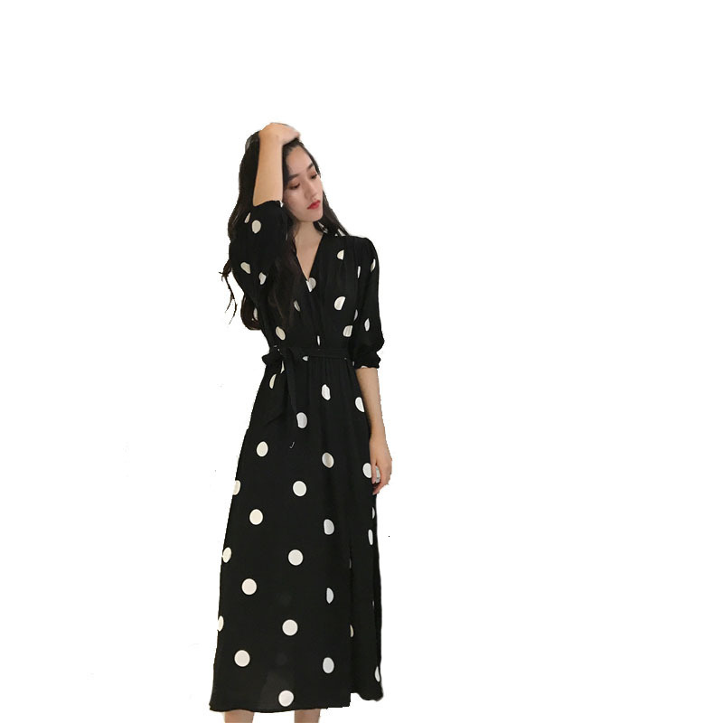 Casual Dresses SuperAen Summer Women's Dress Korean Style Fashion Vneck Ladies Long Dress Casual Half Sleeve Dot Dress Female 221126