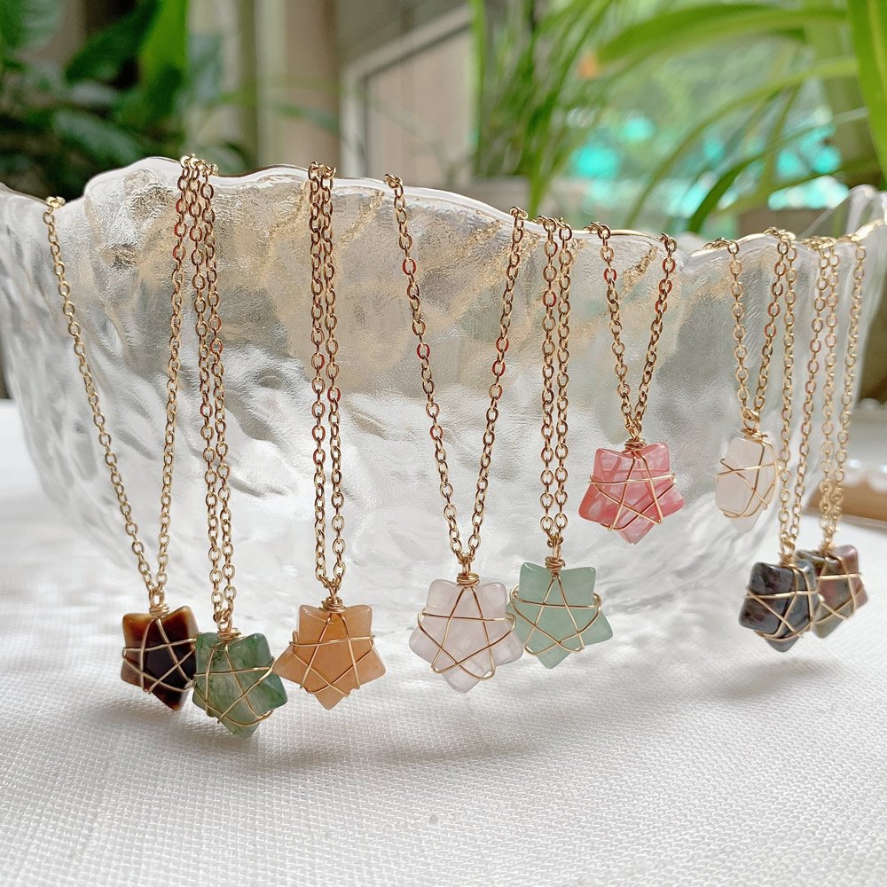 Natural Crystal Stone Necklace Five-Pointed Star Pink Quartz Pendant Choker necklaces for women jewelry