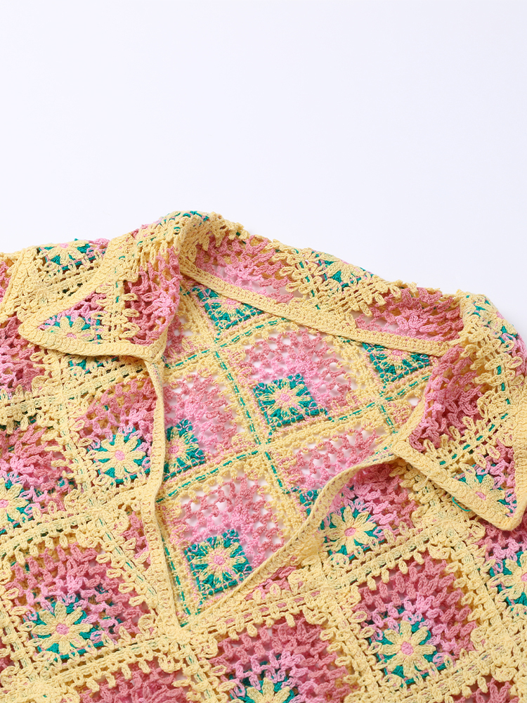 Casual Dresses Women's Openwork Diamond Pattern Crochet Knitted Dress Fashion Embroidery Lapel Mini Knit Robe Elegant Wave Hem Clubwear 221126