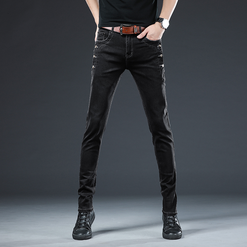 Men's Jeans Trendy Men Clothing Slim Button Black Solid Color Stretch Skateboard Multi-button Youth Male Skinny Denim Pants 221128
