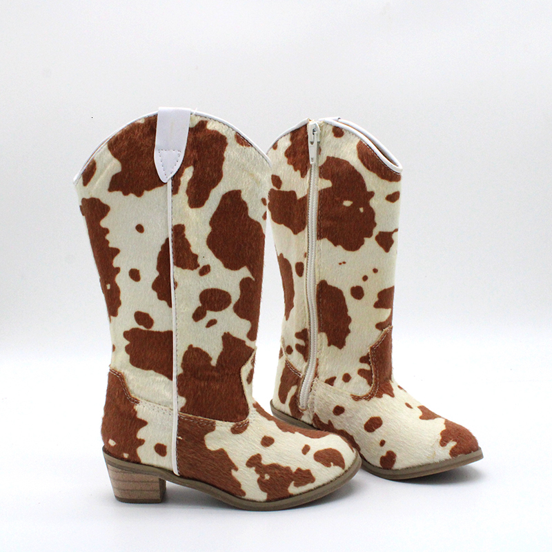 Boots cow print leather fringe western little girls boys toddler children kids cowboy long boots shoes 221125