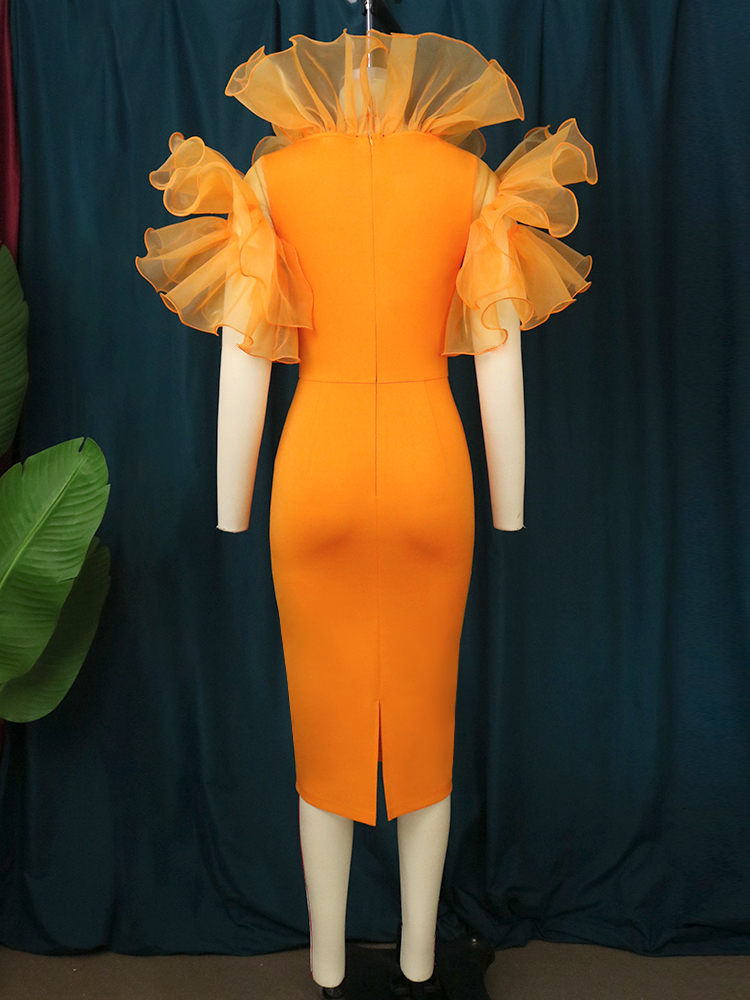 Party Dresses Women Birthday Orange Puff Ruffles Smocked Tulle Neck Midi Dress African Ladies Elegant Date Out Event Clothes 221128