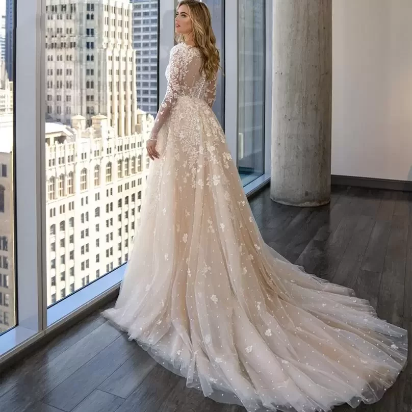 Mermaid Champagne Wedding Dresses Bride Gown Deeep V Neck Long Sleeves Lace Appliques Bridal Gowns Plus Size Overskirts Detachable Train Trumpet S