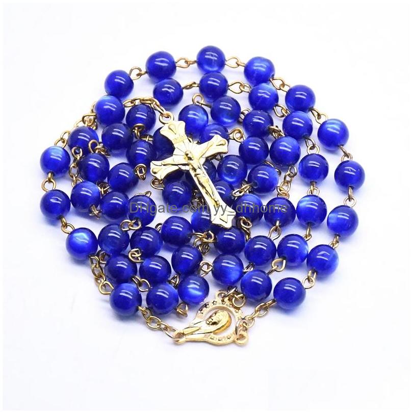 Religious Blue Resin Beaded Rosary Pendant Necklaces Gold Color Jesus Cross Charm Prayer Christian Jewelry Gifts For Men Women Drop Shipping Bijoux Wh