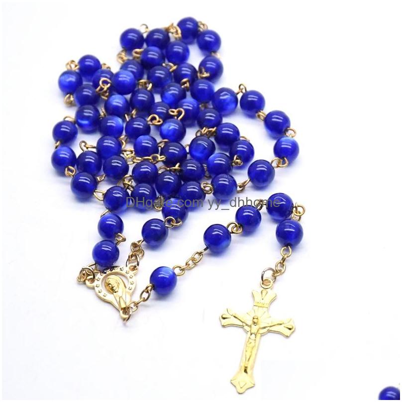 Religious Blue Resin Beaded Rosary Pendant Necklaces Gold Color Jesus Cross Charm Prayer Christian Jewelry Gifts For Men Women Drop Shipping Bijoux Wh