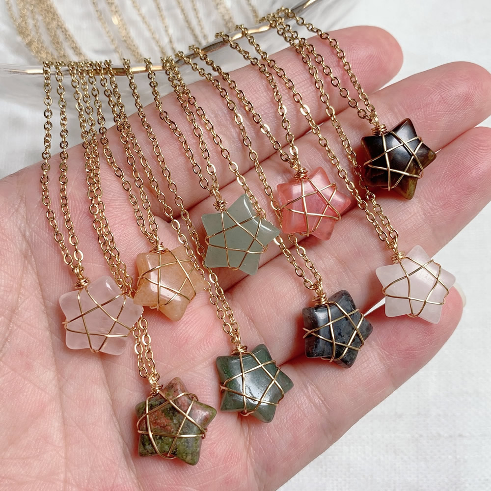 Natural Crystal Stone Necklace Five-Pointed Star Pink Quartz Pendant Choker necklaces for women jewelry