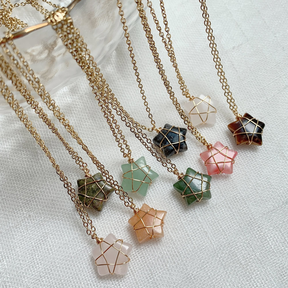 Natural Crystal Stone Necklace Five-Pointed Star Pink Quartz Pendant Choker necklaces for women jewelry