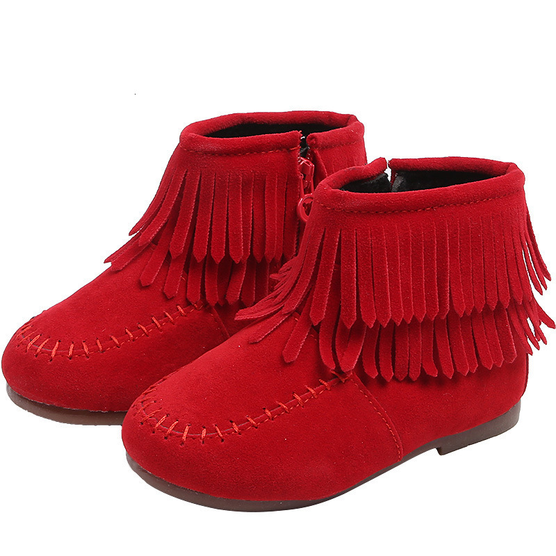 Boots Fringes Girls Ankle Princess Sweet Red Pink Black Flock Fabric Warm Rubber For Toddler Kids Cottonpadded Tassels 221125