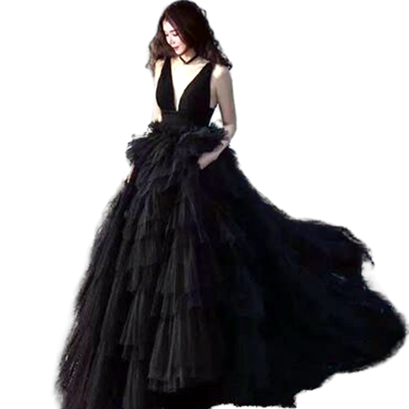 Puffy Tiered Black Tulle Prom Dresses V-Neck Sleeveless Backless Sexy Evening Gowns A-Line Women Engagement Dress Custom Made 2023 Special Occasion We