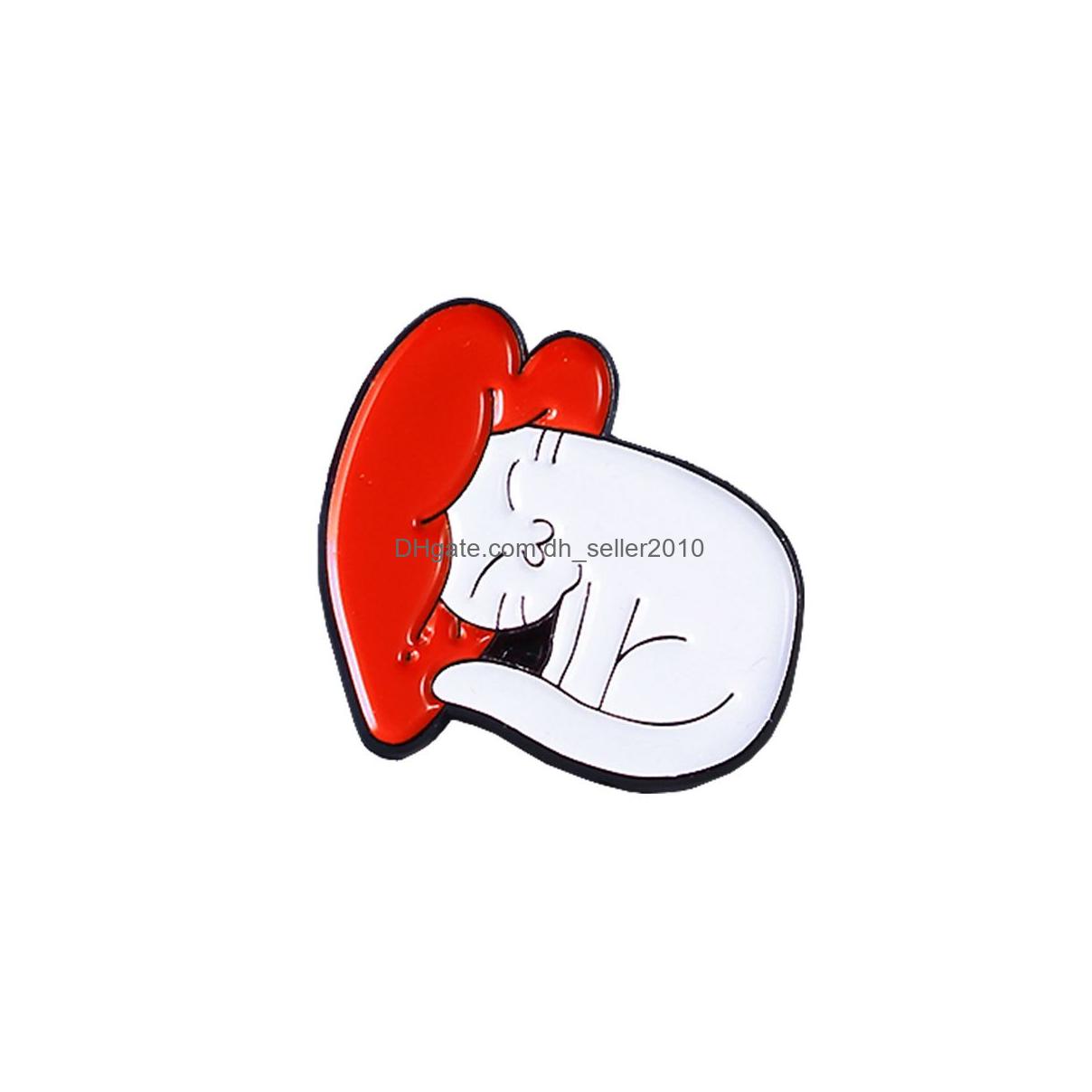 Pins Brooches Cartoon Animal Brooches For Women Big White Cat Hits My Beating Heart Enamel Paint Lapel Pins Piranha Eats Kitten Bad Dhfv3