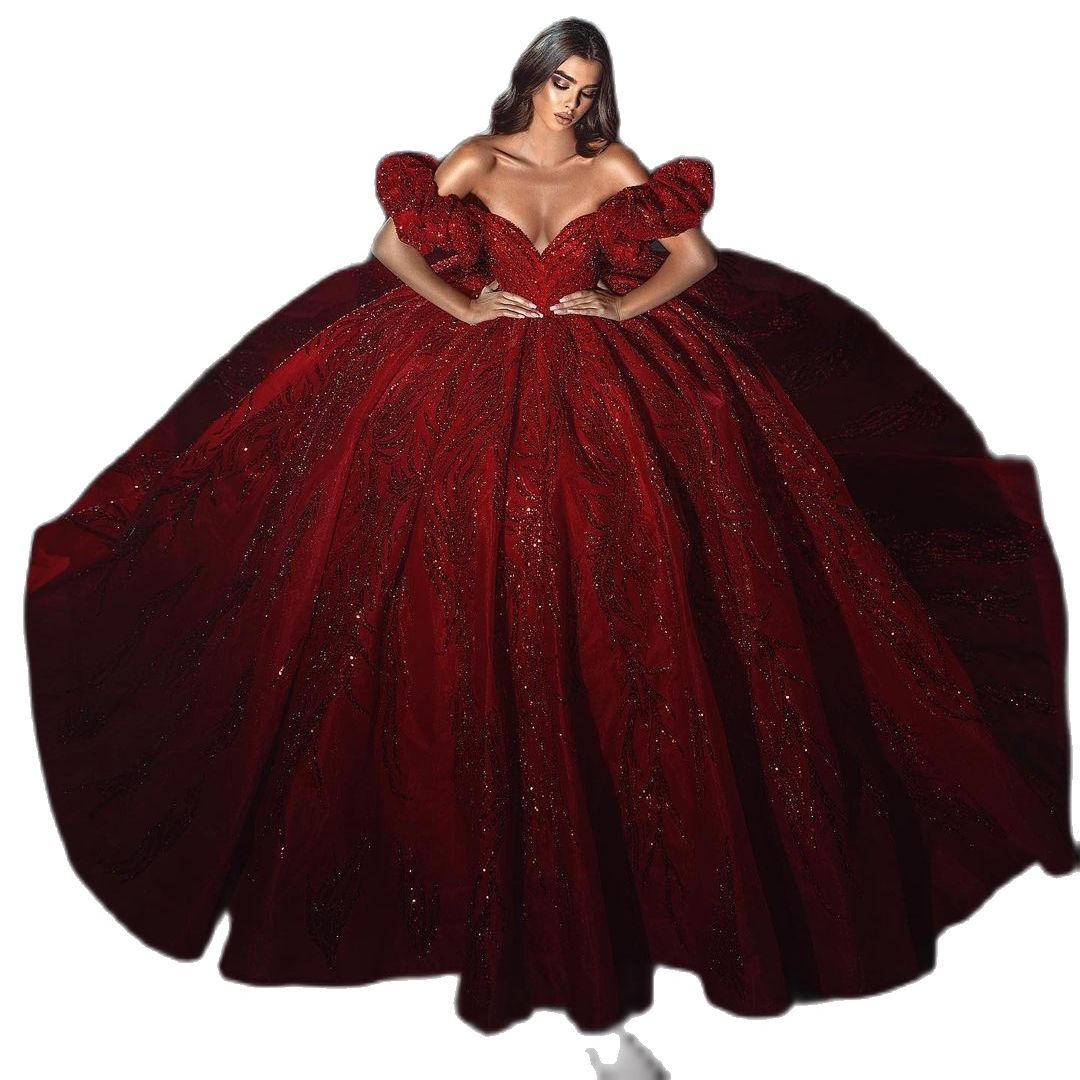 Exquisite Wedding Dress Vintage V Neck Off Shoulder Ball Gown Shiny Sequins Lace Beads Aso Ebi Bridal Dresses Arabic Dubai