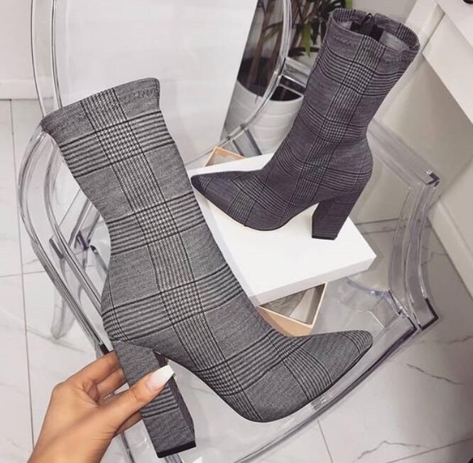 Women Stripes Plaid Sexy Elastic Ankle Boots Pointed Toe Square Heels Zipper Chelsea Boots Botas De Mujer, Grey
Women Stripes Plaid Sexy Elastic Ankle Boots Pointed Toe Square Heels Zipper Chelsea Boots Botas De Mujer, Grey