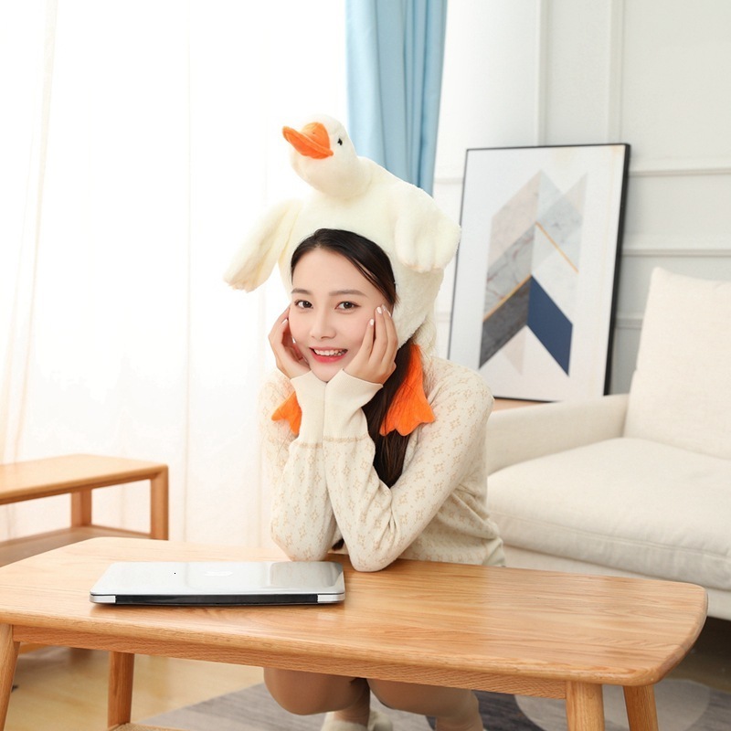 BeanieSkull Caps Funny Cartoon White Goose Plush Toy Headgear Hat Cute Stage Performance Props Headcover Cap Party Cosplay Headwear Beanies Cap 221128