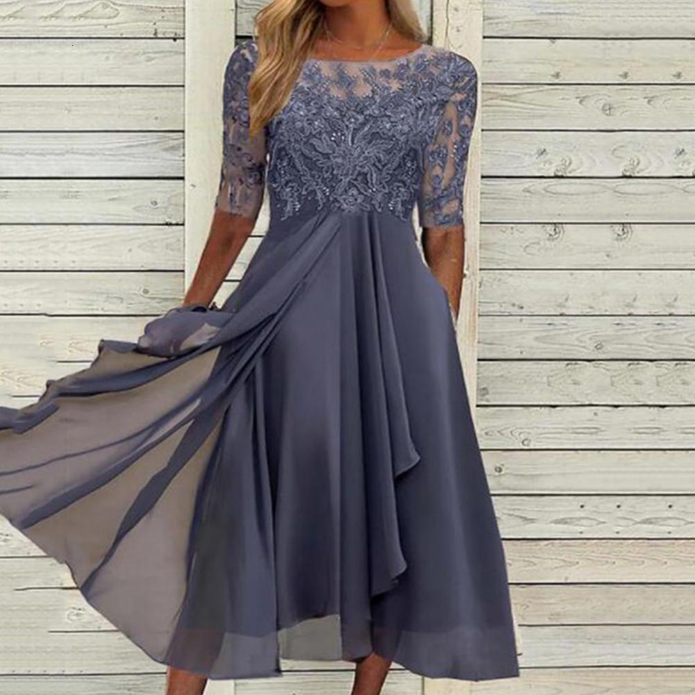 Casual Dresses Bridesmaid Dress Hidden Zipper Midcalf Length Breathable Elegant Crochet Lace Chiffon Patchwork Guest Midi Dress 221126