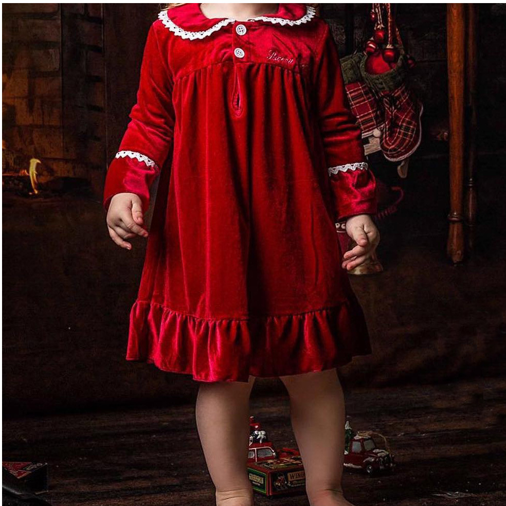 Pajamas Night Dress for kids Girl Christmas Nightdress Velvet Lace Red Green Nightgown Kids Children Nightie Homewear Pyjama 221125