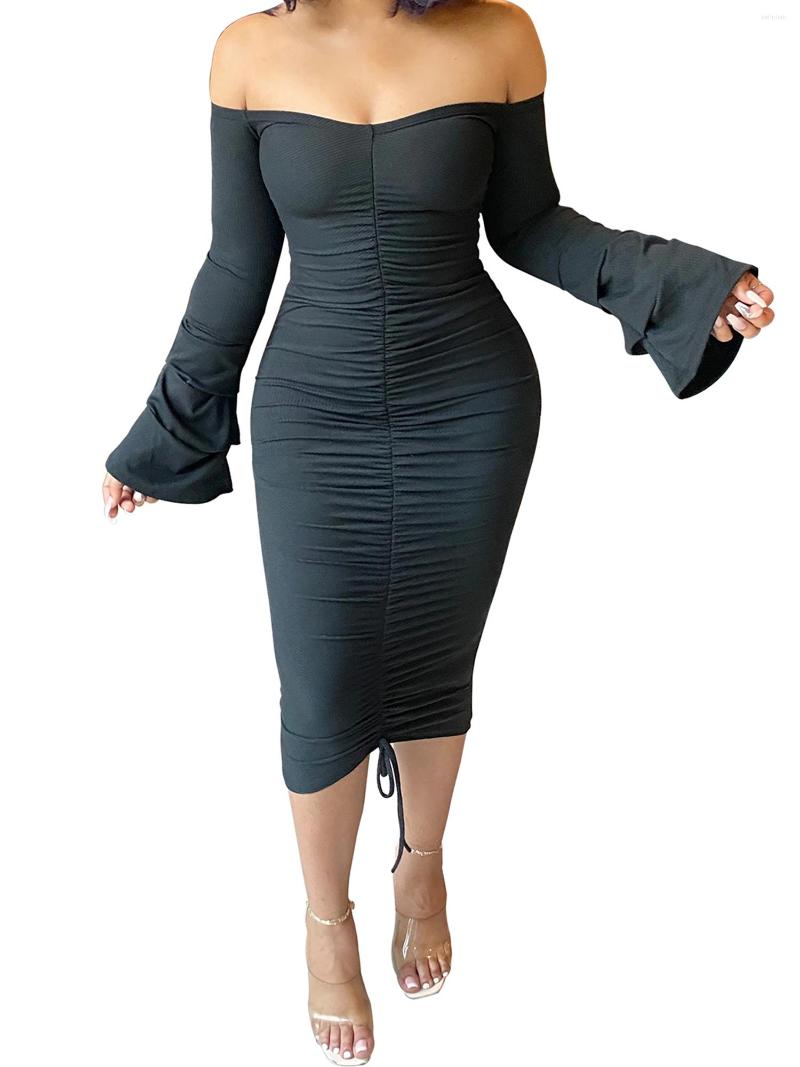 Casual Dresses Women Ruched Sheath Dress Femme Girls Off-shoulder Solid Color Boat Neck Flare Sleeve Dreses With Drawstring
Casual Dresses Women Ruched Sheath Dress Femme Girls Off-shoulder Solid Color Boat Neck Flare Sleeve Dreses With Drawstring