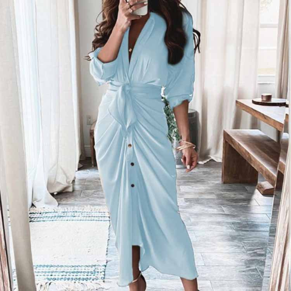 Casual Dresses Women Spring Autumn Elegant Button Ruched Bandage Shirt Dress Femme Casual Short Sleeve Solid V Neck Beach Maxi Dress Vestidos 221126