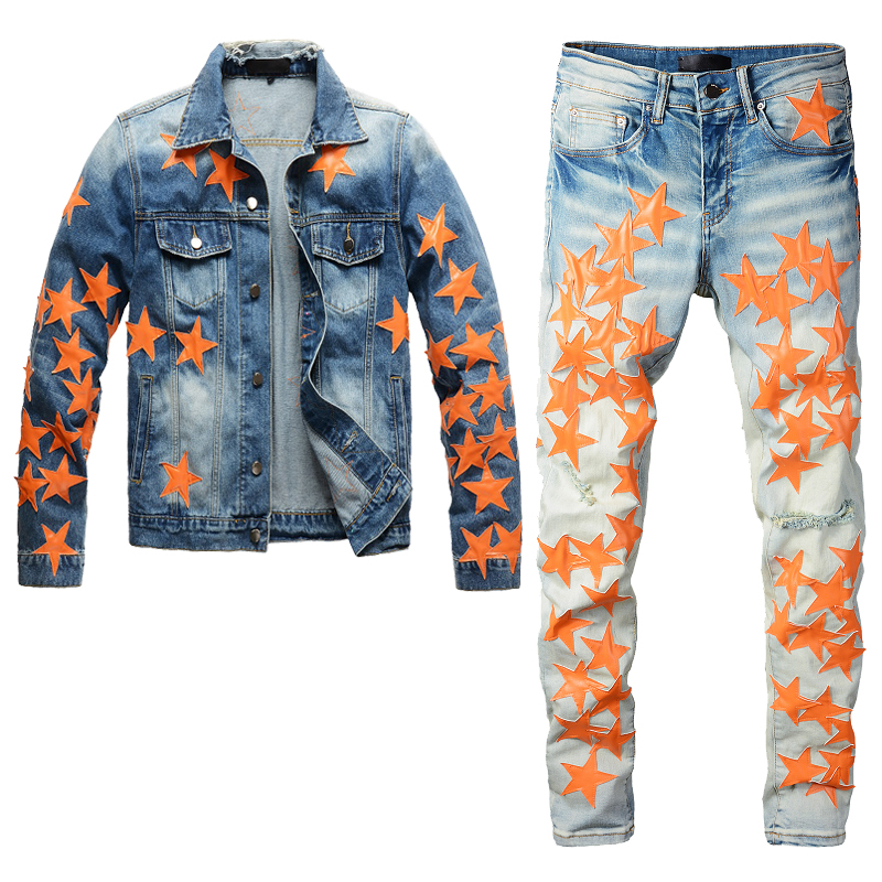 2023 Tracksuits Contrast Color Design Men 2 Piece Sets Spring Orange Star Patch Long Sleeve Denim Jacket Matching Stretch Skinny Jeans Fashion Slim Ropa Hombre