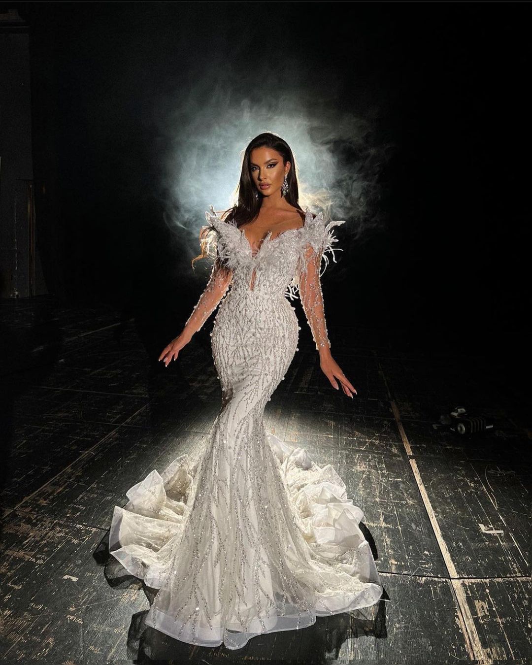 Feathers Pearls Mermaid Wedding Dresses Lace Sheer Neck Jewel Bridal Gown Custom Made Illusion Luxury Wedding Gowns