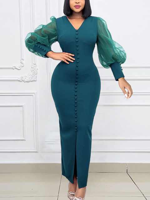 Party Dresses Chic Women Bodycon Long Prom Tulle See Through Sleeve Buttons Slit Tight Sexy Night Club Evening Outfits 221128