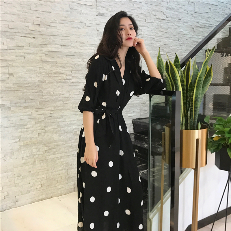 Casual Dresses SuperAen Summer Women's Dress Korean Style Fashion Vneck Ladies Long Dress Casual Half Sleeve Dot Dress Female 221126