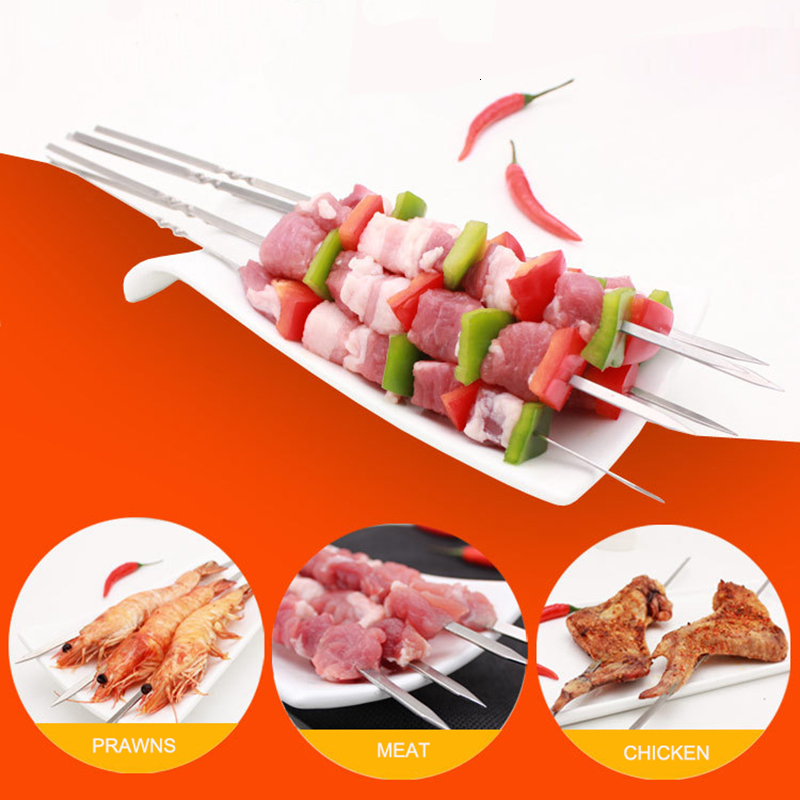 BBQ Tools Accessories 100/50pc Stainless Steel Skewer Flat Barbecue Needle Stick Garden Outdoor Camping bbq Grill Gadgets 221128