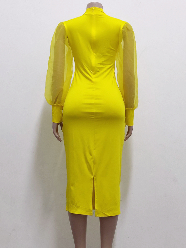 Party Dresses Elegant Women Yellow Bodycon Dress Long See Through Sleeve Tulle Stitching High Neck Slim Fit Large Size Clothes 221128
